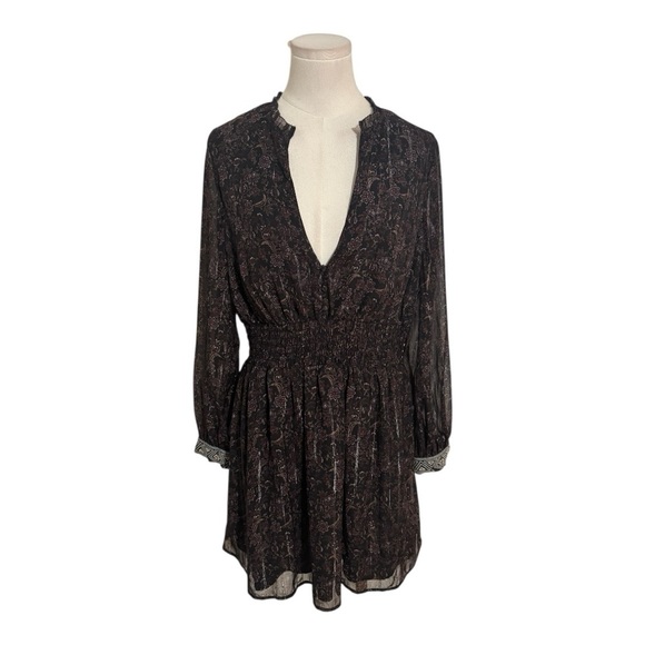 ZARA Floral Metallic Stripe Mini V Neck Dress Size L Boho Flowy Party Cuff - Picture 7 of 12